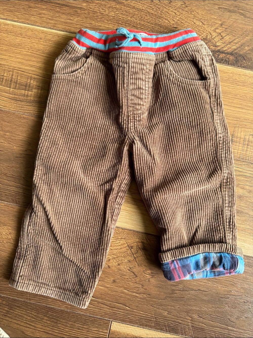 Baby Boden Brown Corduroy Pants with Blue and Red Waistband